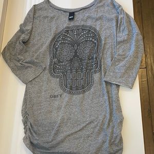 Obey gray gathered skull shirt L
